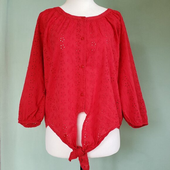BUFFALO Red eyelet flowers 3/4 sleeve tie-front cotton blouse - Picture 1 of 6